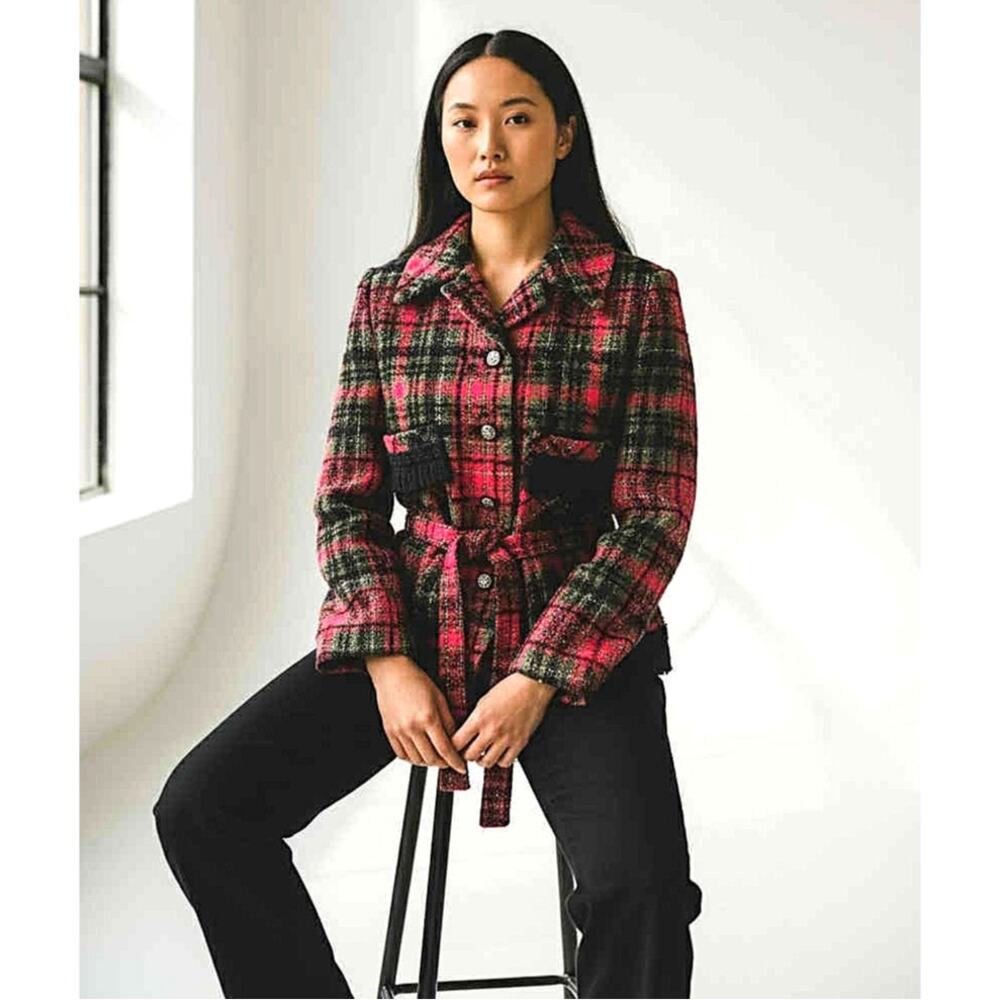 Vintage Z.C.M.I. Cameo Room 1960s Red Black Check Tweed Jacket w/Belt Fringe S/M